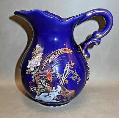 #ad VTG Japanese Cobalt Blue amp; Gold Hand Painted Pheasant Creamer Tea Pitcher Vase $11.89