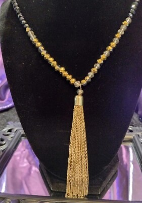 #ad RARE Vintage Gold Tone Glass Faceted Beaded Tassel Necklace 258 $19.99