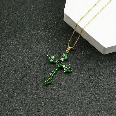 #ad 1.50Ct Round Lab Created Emerald Cross Pendant Necklace 14K Yellow Gold Plated $51.11