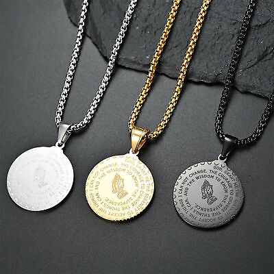 #ad Men#x27;s Stainless Steel Serenity Prayer amp; Lord#x27;s Prayer Medallion Pendant Necklace $10.19