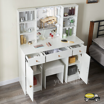 #ad Large Vanity Set With LED Lights Mirror amp;6 Storage Shelves Makeup Dressing Table $188.75