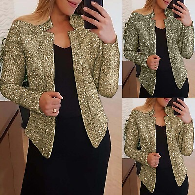 #ad Women#x27;s Fashion Casual Sequin Solid Color Long Sleeve Ladies Jackets Long $17.52