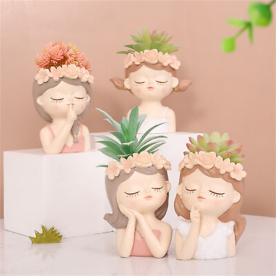 #ad Cute Flower Pot Cartoon Girl Face Succulents Plant Pot Resin Head Planter Decor $12.23