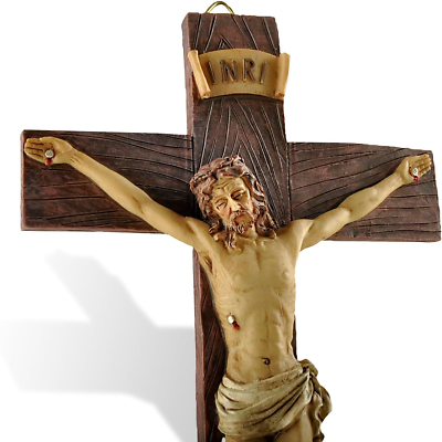 #ad Jesus Crucifix Wall Cross Catholic Hand Painted Big Wood Textured Resin Vintage $27.99
