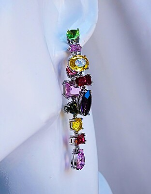 #ad Swarovski Asymmetrical Long Rhodium Plated Gema Drop Earrings Multicolor $110.00