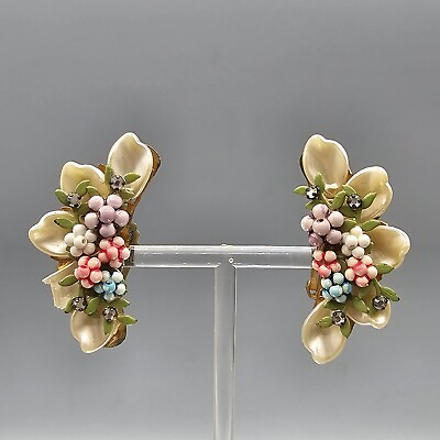 #ad Vintage Climber Earrings Clip On Acrylic Petal Floral Beaded MCM Spring Easter $49.99