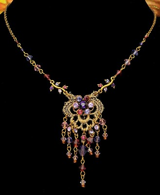 #ad Michal Negrin Necklace Purple Crystal Flower Daisy Lace Pendant Beaded Chain $109.65
