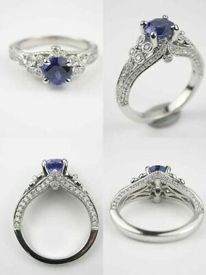 #ad Vintage Blue Round 1.25CT CZ Stone Solitaire Engagement Promise Ring 925 Silver $80.41