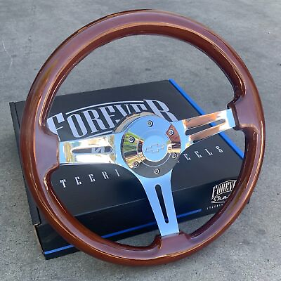 #ad 14quot; Chrome Polished Steering Wheel Dark Wood 3 Spoke with Chevy Horn Button $174.10
