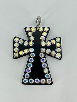 #ad Artisan Made Cross Pendant AB Crystal Rhinestone Black Acrylic Faith Religious $8.46
