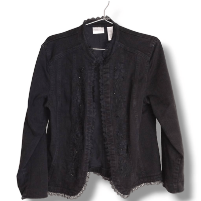 #ad Chicos Womens Jacket Size 2 12 Black Denim Jean Open Front Lace Bead Trim Coat $34.00