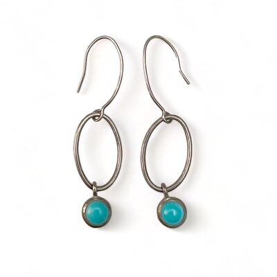 #ad Vintage Modernist 925 Sterling Silver Turquoise Drop Dangle Hook Circle Earrings $19.99