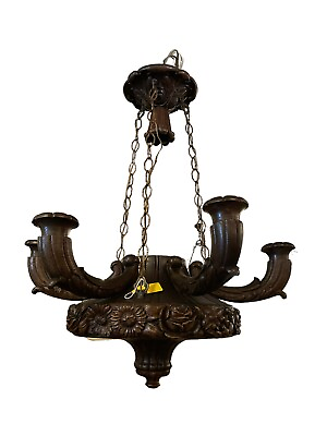 #ad Antique Carved Oak French 6 Light Chandelier 38” X 32” $3495.00