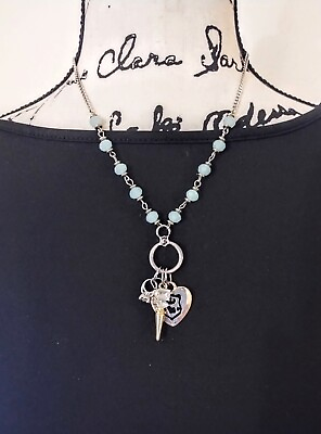 #ad Juicy Couture Charm Necklace Blue Glass Bead Heart Ring Sceptor Silver Tone $18.00