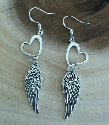 #ad 925 Sterling Silver Earrings Hook Angel Wing Heart Always Forever Dangle Drop $16.00