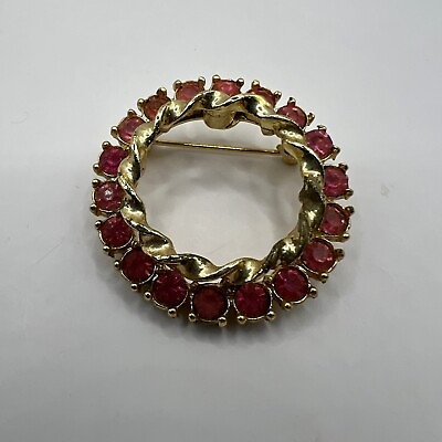 #ad Vintage Brooch Pink Rhinestone Gold Tone Round Circle Pin $9.97