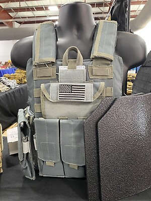 #ad Grey blue Tactical Vest Plate Carrier With Plates 2 10x12 curved Plates $189.00