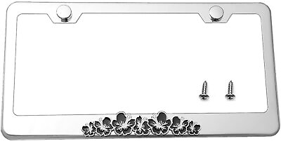 #ad Hibiscus 3D Flower Emblem Metal License Plate Frame Chrome Frame Black Flower $16.92