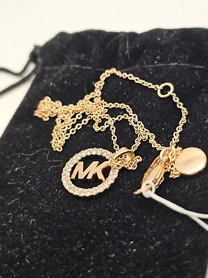 #ad Michael Kors Rose Gold Necklace MK Logo Crystal Disc NEW Mothers Day Gift Signed $52.00