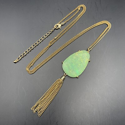 #ad Long Boho Tassel Pendant Necklace Green Acrylic Gold Tone 34 Inch Bohemian $14.95
