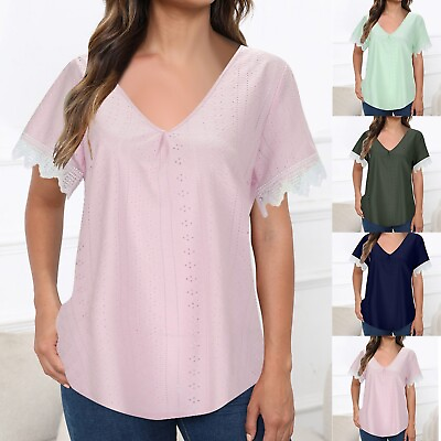 #ad Women Casual Short Sleeve Solid Color Shirts Tops Summer V Neck Flower Slim $13.74