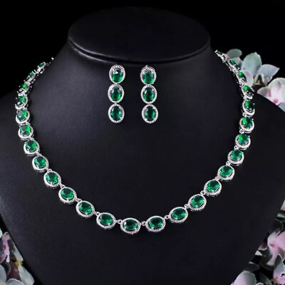 #ad ZARD Statement Bridal Necklace and Earrings Set in Oval Cut Green Cubic Zirconia $71.94