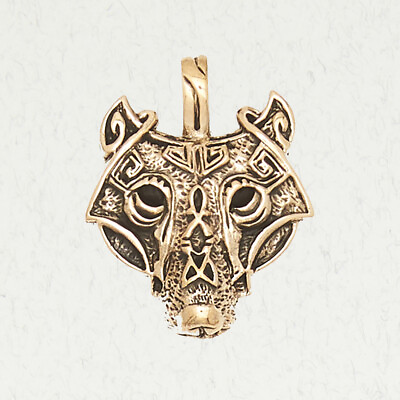#ad Viking Wolf#x27;s Head Bronze Norse Pagan Gold Medieval Scandinavian Pendant Jewelry $30.00