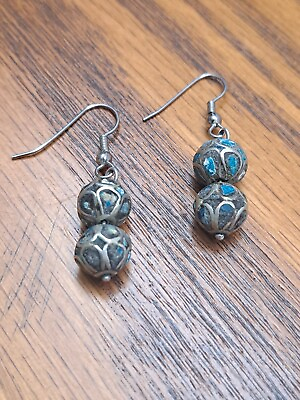 #ad Vintage Silver amp; Brecciated Turquoise Drop Dangle Double Ball Earrings 1.5quot; $19.95
