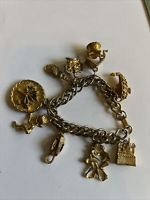 #ad Vintage Charm Bracelet Telephone Wishing Well Castle Tree of Life Some OBCO $17.10