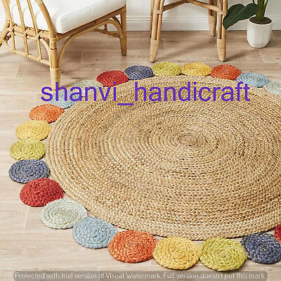 #ad Round Braided Natural amp; Multi Colour Jute Mat Rugs Floor Shabby Chic Indian Mat $51.99