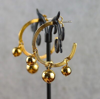 #ad Vintage 1991 Avon Gold Tone Hoops w Trio of Dangling Balls Pierced Earrings $16.00
