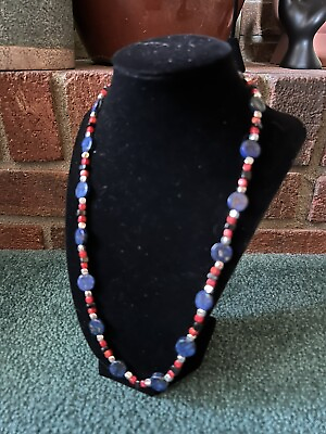 #ad Necklace 25” Lapis Lazuli Blue Red Coral Silver plated Spacers $25.00