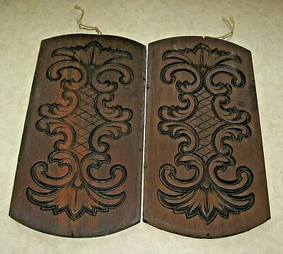 #ad 2 Wall Art Panels Springerle Style Carved Wood 13quot; tall Vintage $19.50
