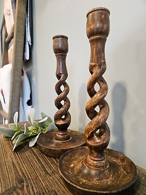#ad Antique English Oak Carved Twist Wooden Candlesticks $39.99