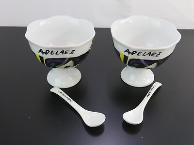 #ad Vtg Amelia Pelaez Signed Ceramic Pedestal Bowls w Spoons Arte En Casa 3.25” $113.31