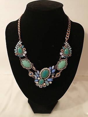 #ad Necklace Green amp; Blue Stones Copper Look Chain 16.5 19quot; Adj STATEMENT PIECE $28.81