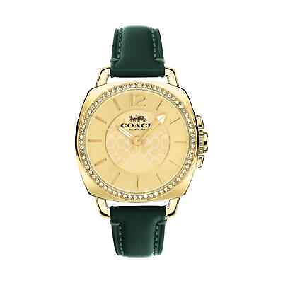 #ad COACH 14503982 Boyfriend Gold Tone Dial Green Leather Strap Women#x27;s 34mm Watch $78.45