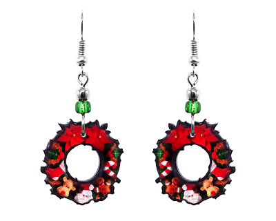 #ad Red Christmas Wreath Graphic Dangle Earrings Jewelry Holiday Winter Santa Themed $13.99