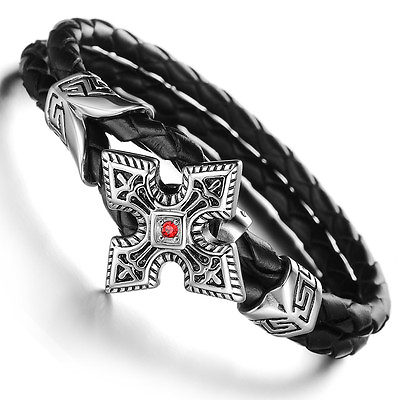 #ad Mens Unisex Stainless Steel Black Genuine Leather Star Gothic Stone Bracelet G84 $8.99
