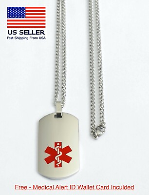 #ad Medical Alert ID Necklace FREE ENGRAVING WALLET CARD amp; Ship Dog Tag USA $13.25
