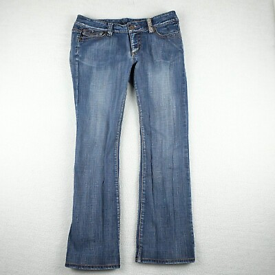 #ad Vintage Blue Jeans Womens 11 12 Bootcut Medium Wash Rhinestones Low Rise 90s $12.59
