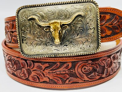 #ad Ralph Lauren Tooled Leather Western Belt Size 34 Steer Head Buckle Hand Engraved $195.00