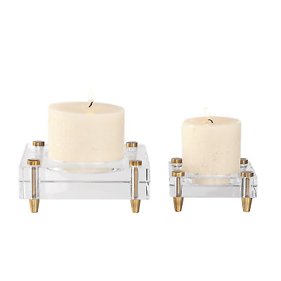 #ad Luxe Minimalist Crystal Block Candle Holder Set 2 Simple Square Gold Pillar $266.20