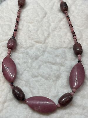 #ad Rhodonite Necklace Pink Gemstones With Glass Beads 21.5” $38.98