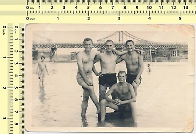 #ad Shirtless Muscular Men Guys Beach Group Bridge Background Hug vintage photo $16.99