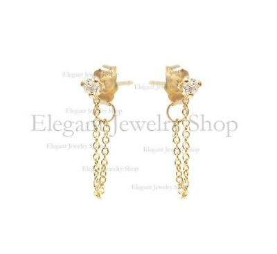 #ad 14k Gold Prong Set Diamond Chain Stud Earrings Handmade Minimalist Jewelry Gift $364.68