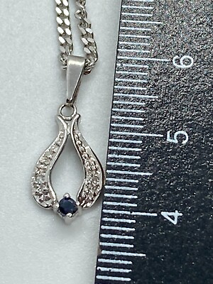 #ad Beautiful 9 carat white gold sapphire diamond drop pendant chain necklace AK921 GBP 249.99