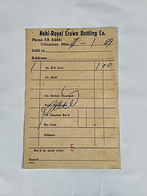 #ad Nehi Royal Crown Bottling Co 1959 Columbus Mississippi Receipt Original 3.25x5 $19.99
