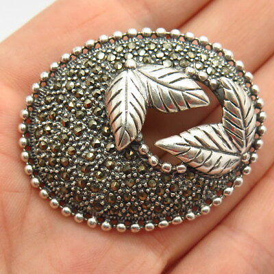 #ad 925 Sterling Silver Real Marcasite Gem Leaf Design Pin Brooch $71.99