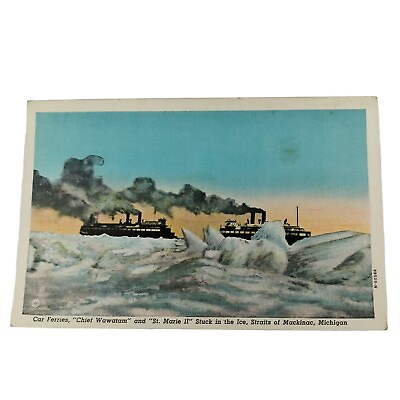 #ad CAR FERRIES STUCK IN ICE STRAITS of MACKINAC MICHIGAN LINEN POSTCARD UNPOSTED $3.95